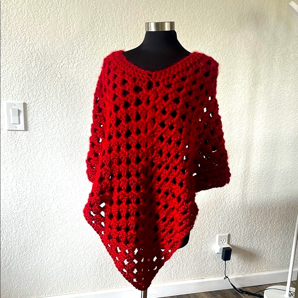 Elegant Red Crochet Handmade Poncho
